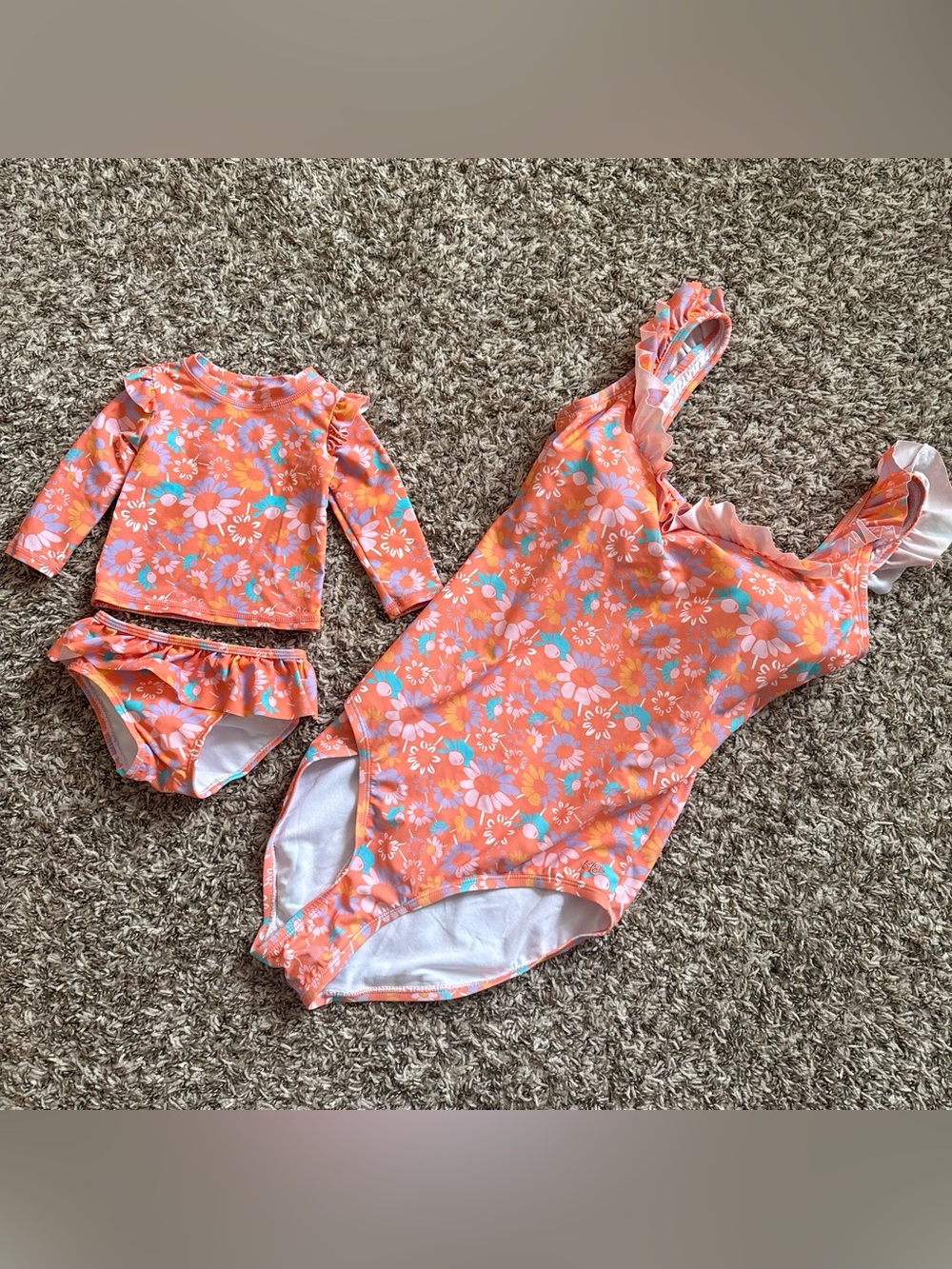 Mommy & Me Floral Ruffle One-Piece and Rash Guard Set - Coral Pink Floral